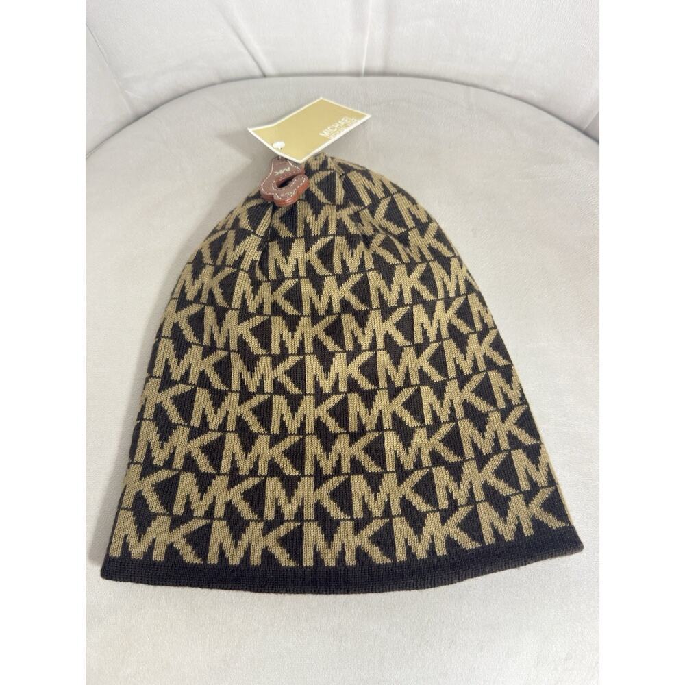 Michael Kors Women’s Brown Logo Jacquard Cuffed Beanie Winter Hat One Size NWT